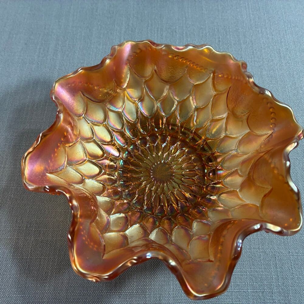 Vintage Marigold Carnival Glass Ruffled Bowl Petal Pattern 6.5 Inch - Picture 5 of 11